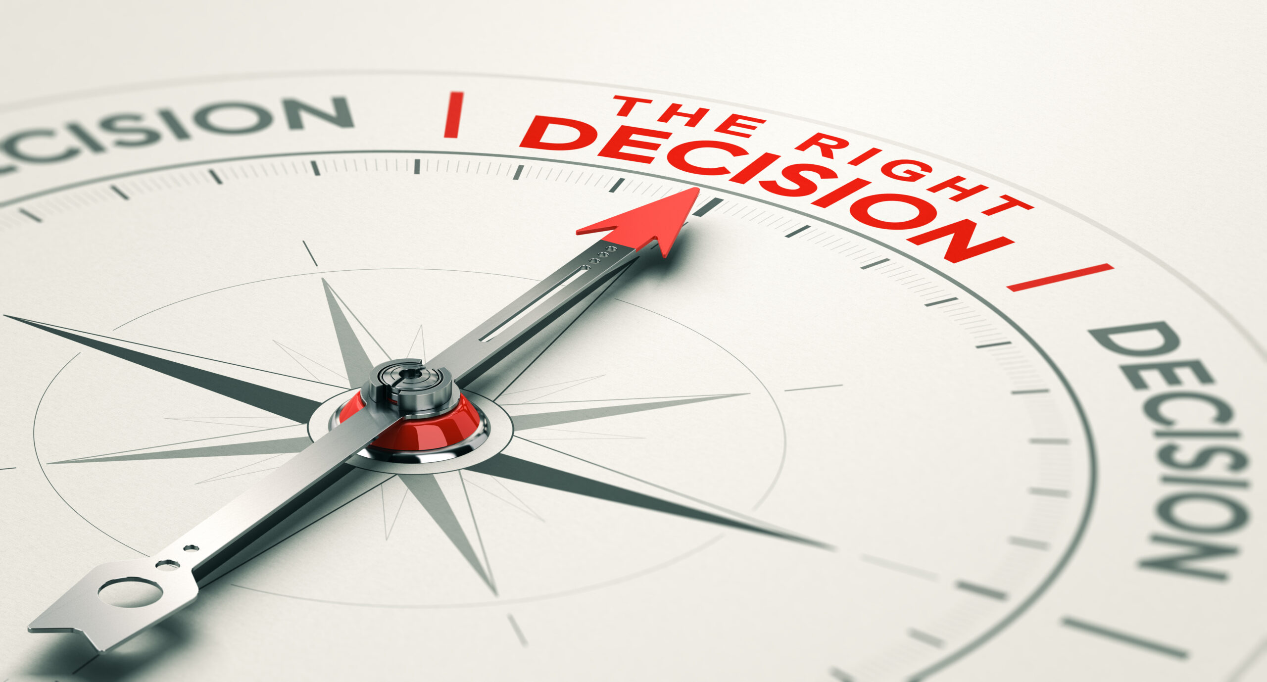 Conceptual compass with needle pointing the right decision. Business judgement concept. 3D illustration.