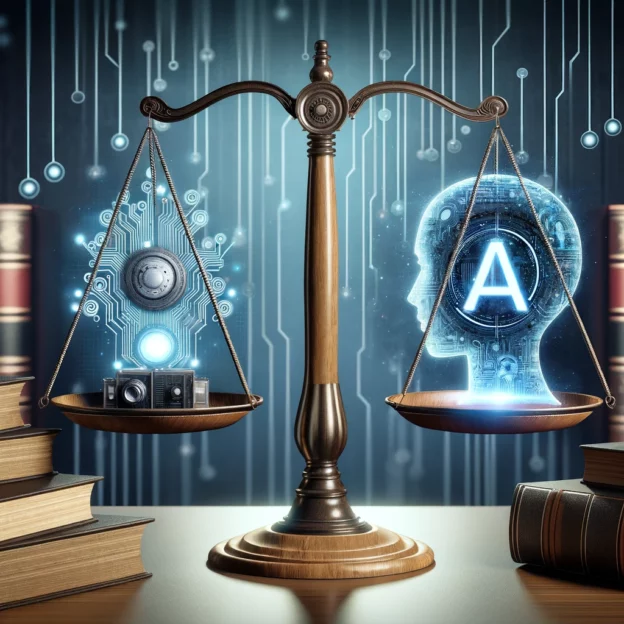 Scales of justice with a human and AI on each scale