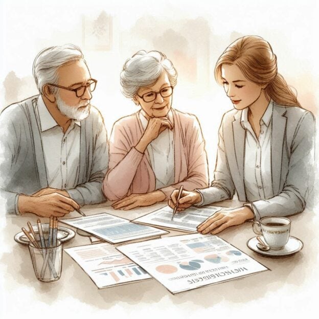 A soft watercolor illustration of an elderly couple reviewing Medicaid documents with an advisor.