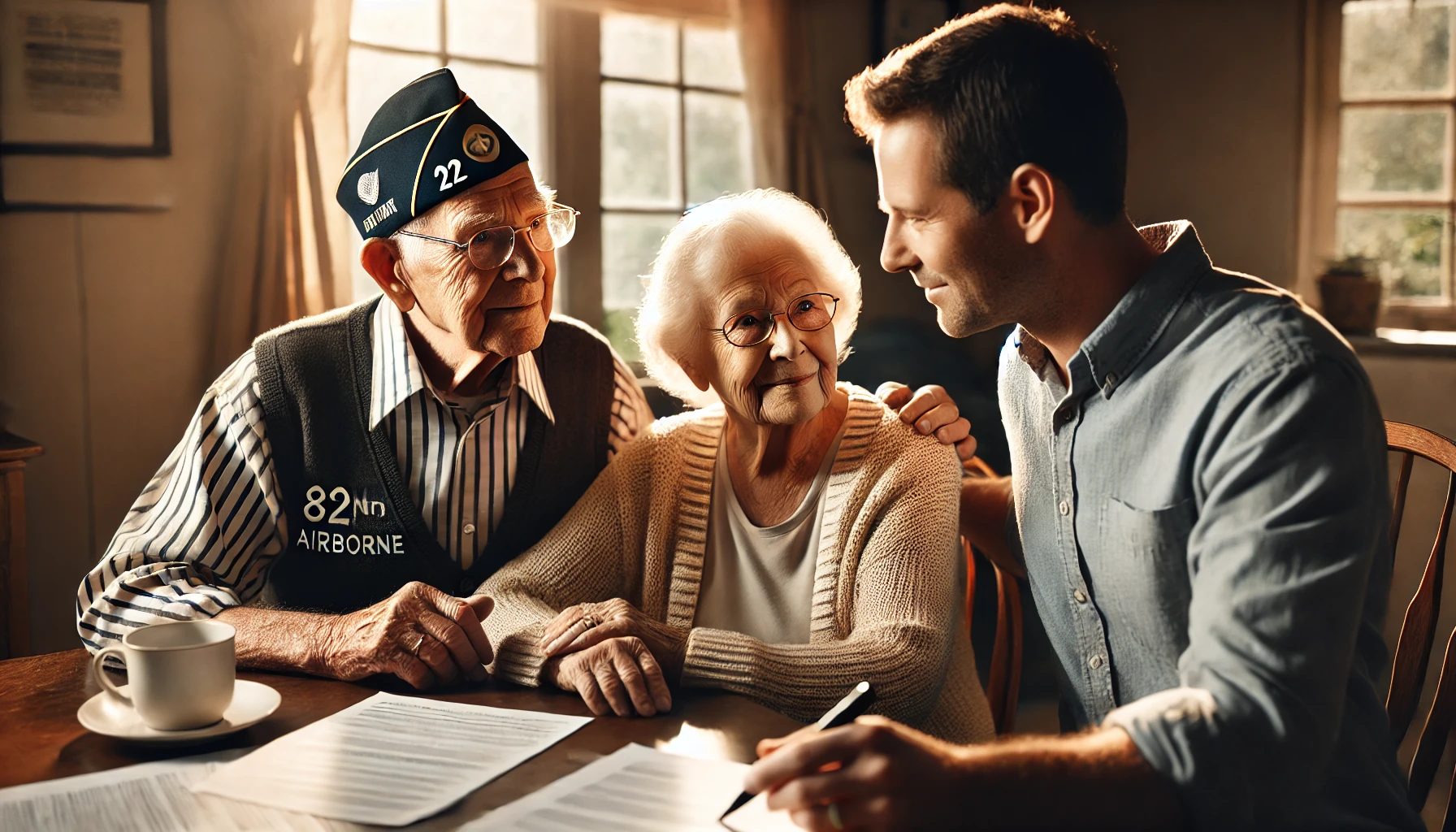 Elderly couple, Chester and Sally, sitting in a cozy home with their son-in-law Jim, reviewing documents related to planning for the future. Chester wears a WWII 82nd Airborne cap, symbolizing his military service.