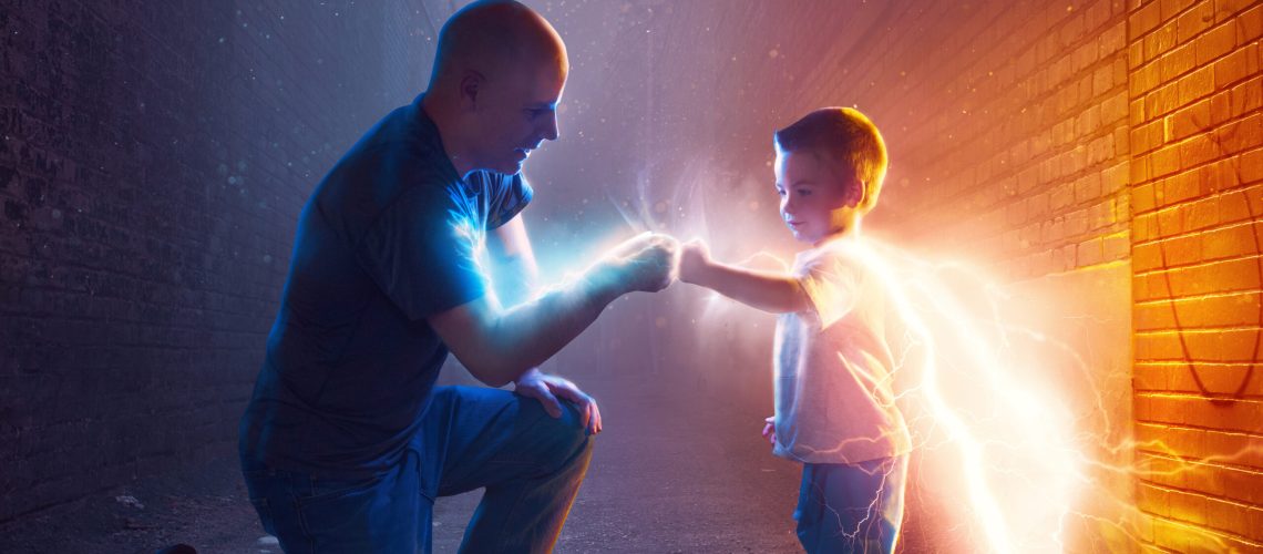 A father spends time with his child pretending to be a superhero.