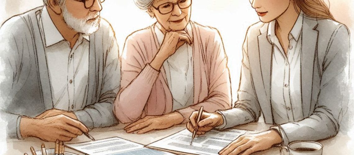 A soft watercolor illustration of an elderly couple reviewing Medicaid documents with an advisor.