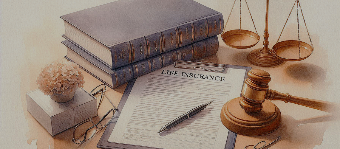 A legal document for an Irrevocable Life Insurance Trust (ILIT) with a pen, life insurance policy, and gavel on a wooden table.